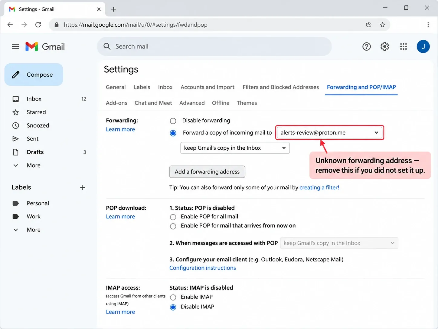 Gmail Forwarding and POP/IMAP settings with an unrecognised forwarding address highlighted in red