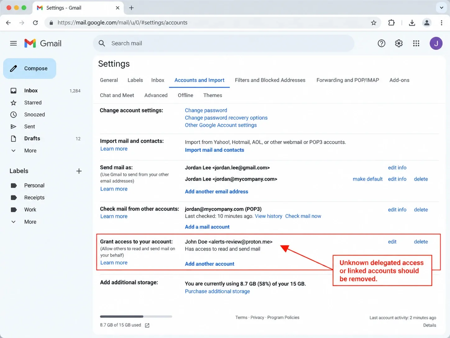 Gmail Accounts and Import settings showing an unfamiliar account granted access to read and send mail