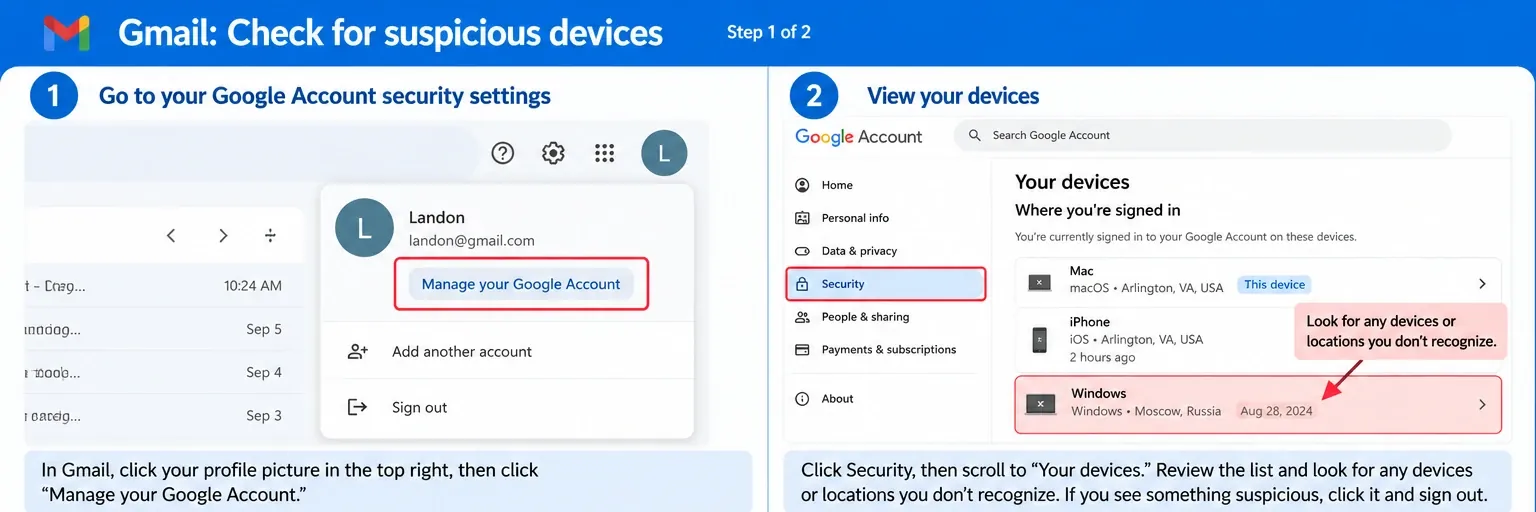 Two-step walkthrough: opening Google Account security settings, then reviewing the list of signed-in devices