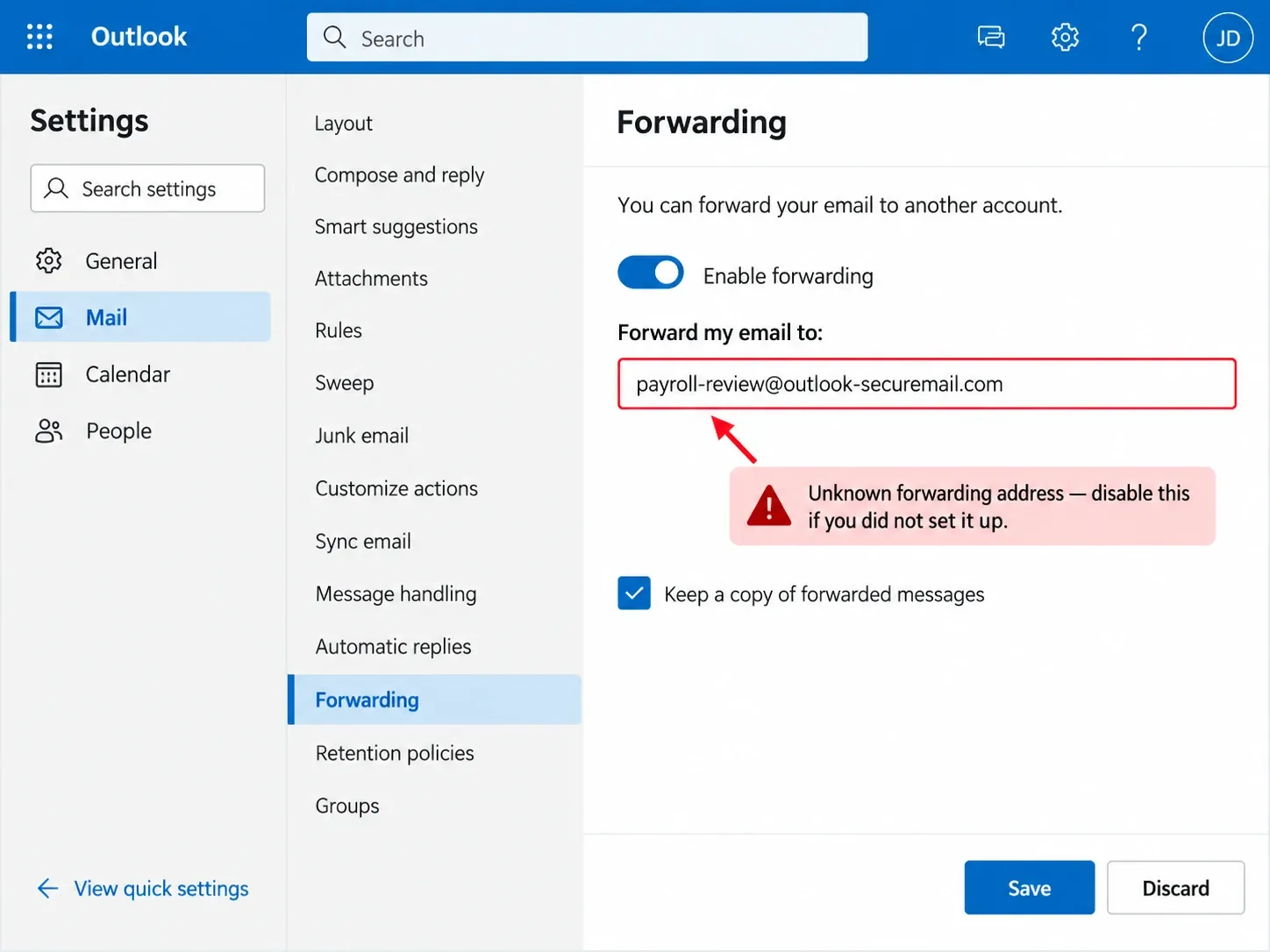 Outlook Mail Forwarding settings with an unknown external forwarding address highlighted in red
