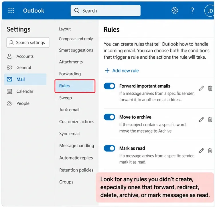 Outlook inbox rules list showing rules that forward, archive, and mark messages as read