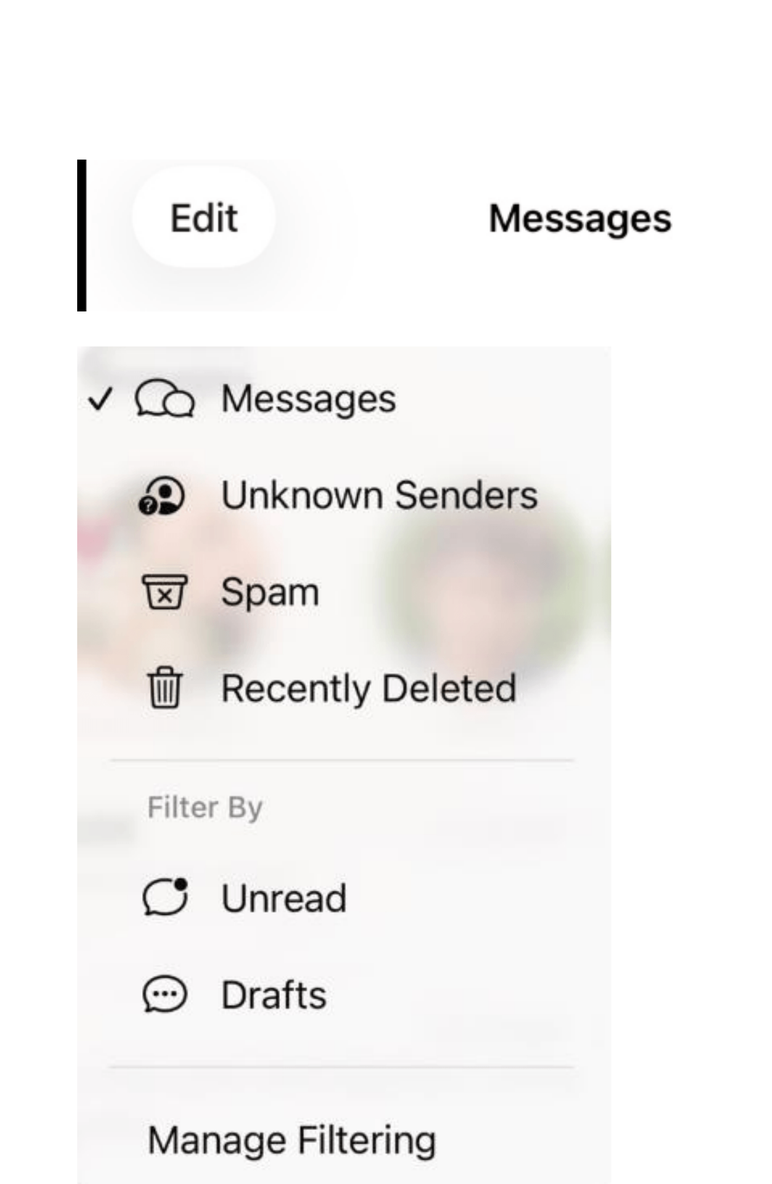 iPhone Messages app filter menu showing Messages, Unknown Senders, Spam, Recently Deleted, Unread, and Drafts categories