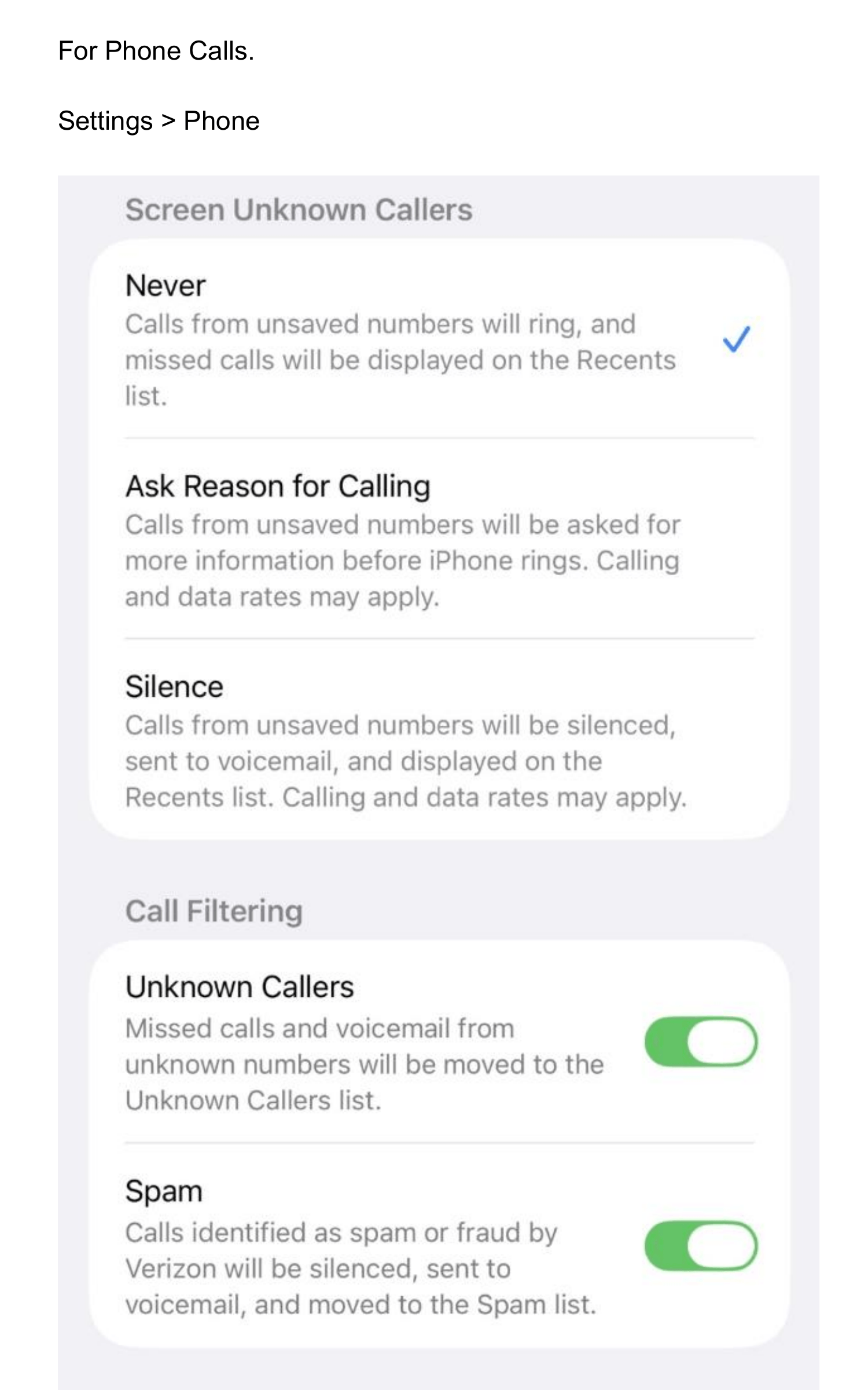 iPhone Phone settings showing Screen Unknown Callers options including Never, Ask Reason for Calling, and Silence, plus Call Filtering with Unknown Callers and Spam toggles enabled