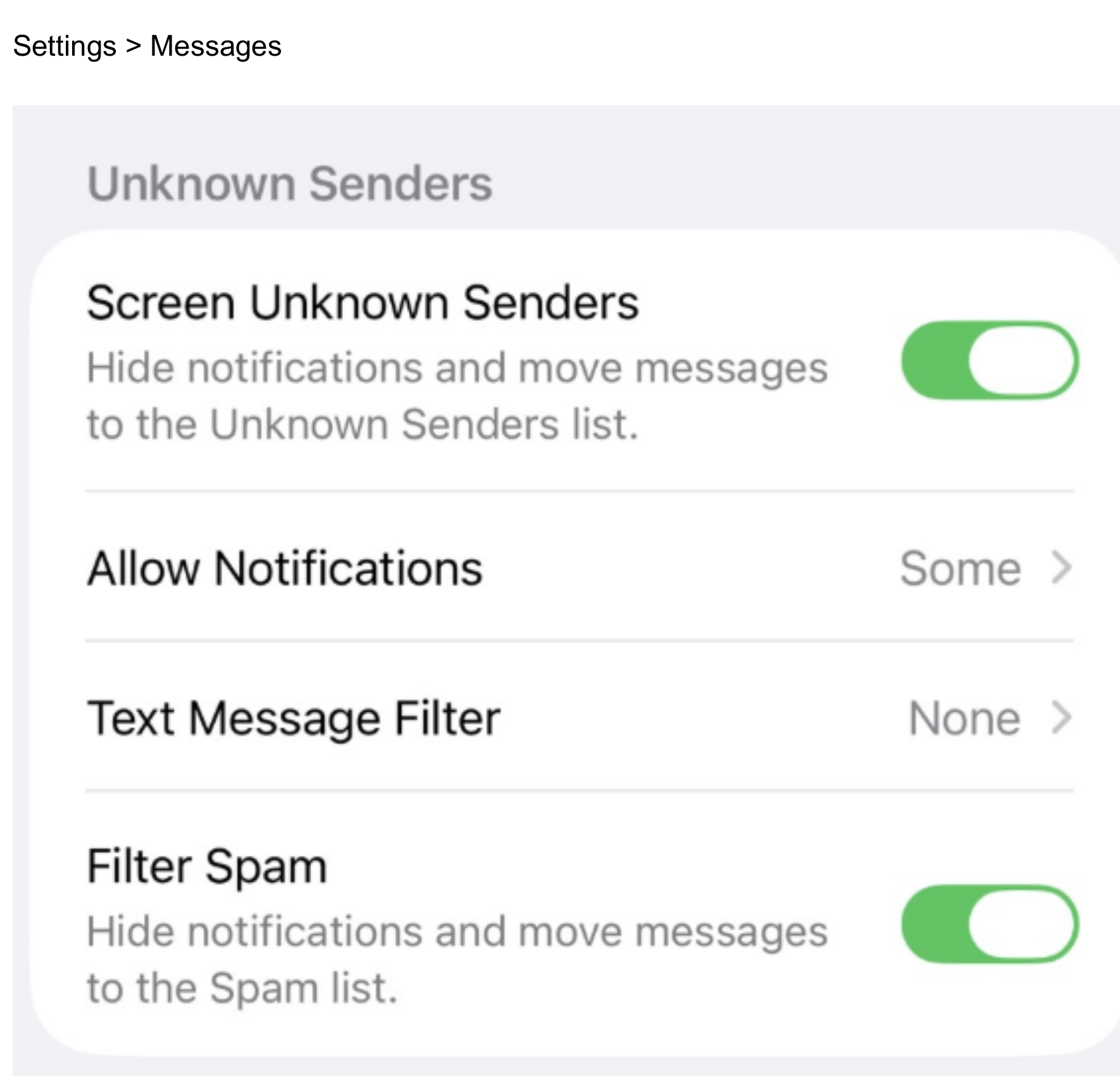 iPhone Messages settings showing Screen Unknown Senders toggle enabled, Allow Notifications set to Some, and Filter Spam toggle enabled