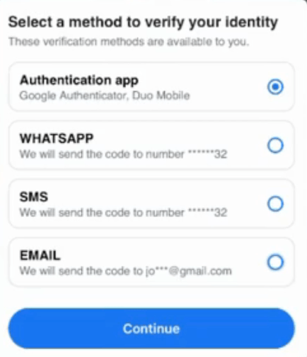 Fake identity verification page offering Authentication app, WhatsApp, SMS, and Email options