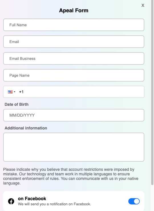 Phishing form titled Apeal Form requesting Full Name, Email, Business Email, Phone, Date of Birth