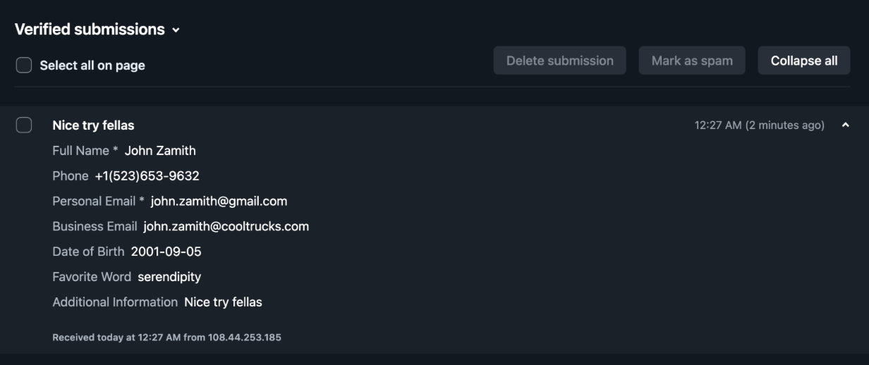 Netlify Verified submissions dashboard showing captured victim data including name, email, phone, and date of birth