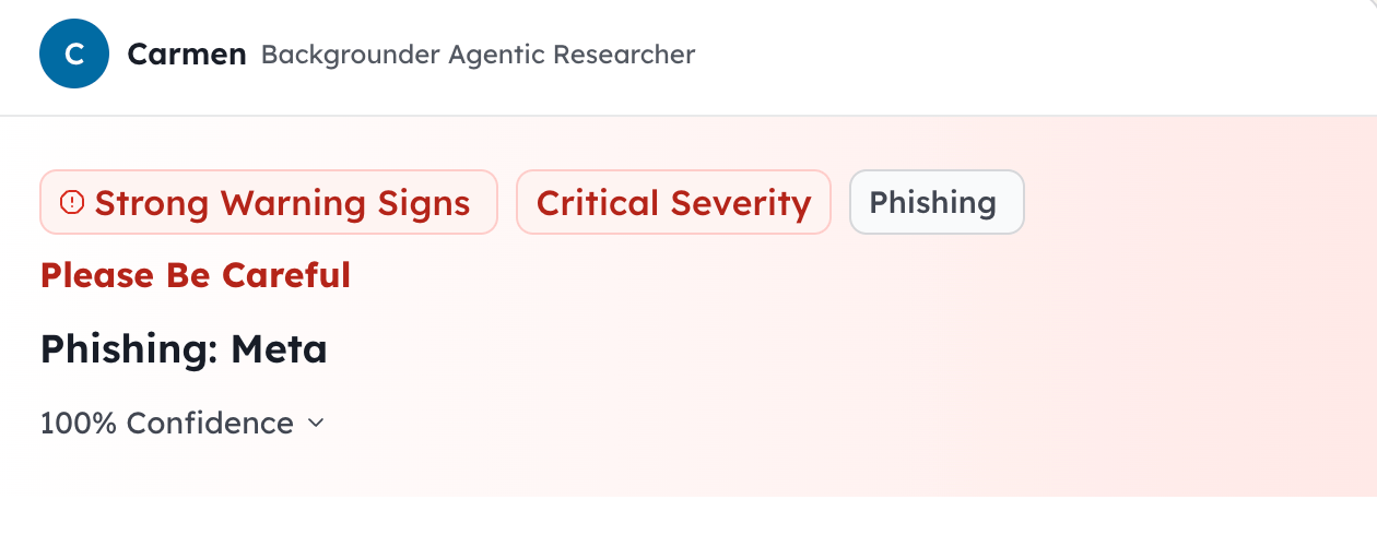 Ask Carmen analysis showing Strong Warning Signs, Critical Severity, Phishing: Meta with 100% confidence