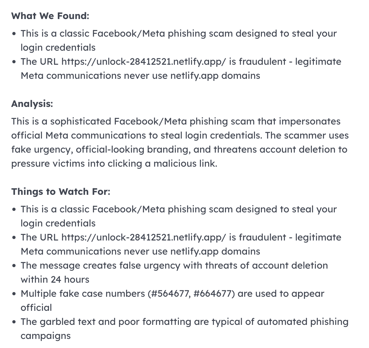 Carmen analysis details showing this is a classic Facebook/Meta phishing scam with fraudulent URL