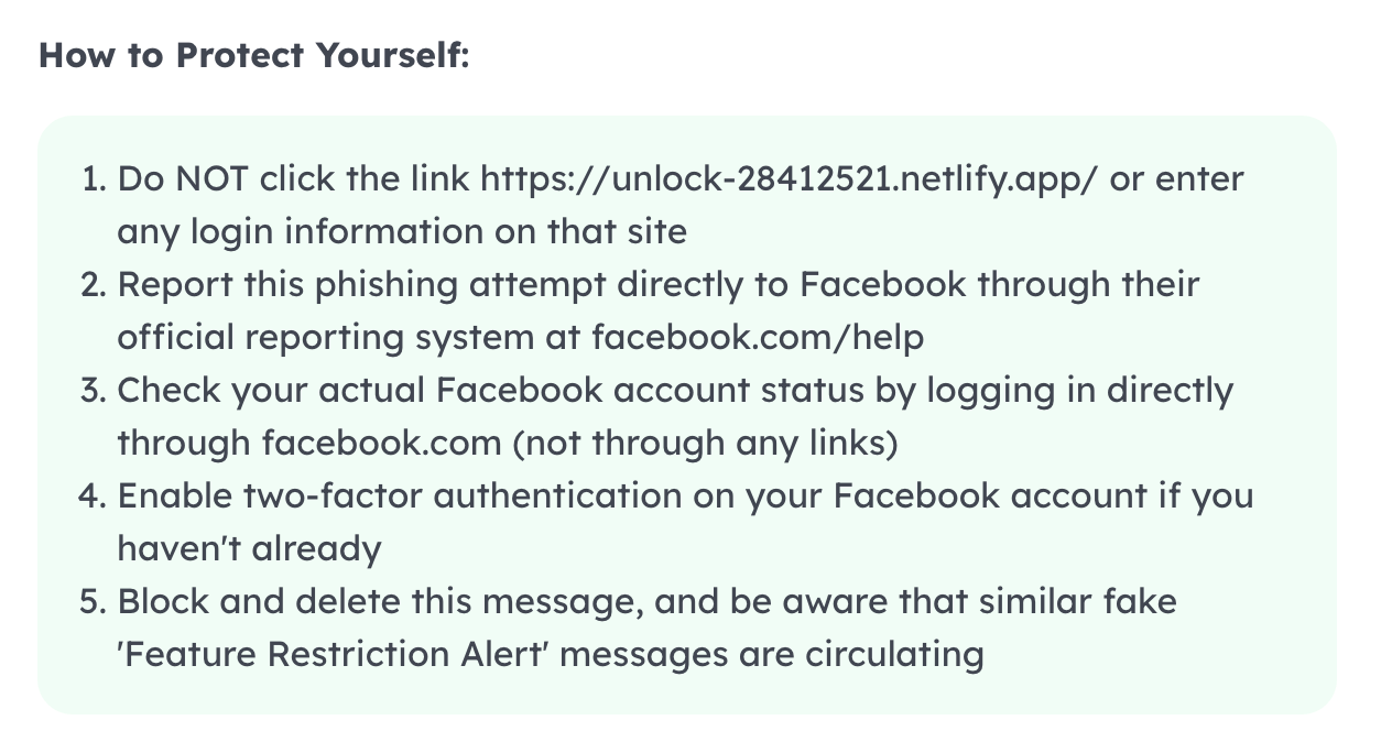 Carmen protection recommendations including not clicking the link, reporting to Facebook, enabling 2FA