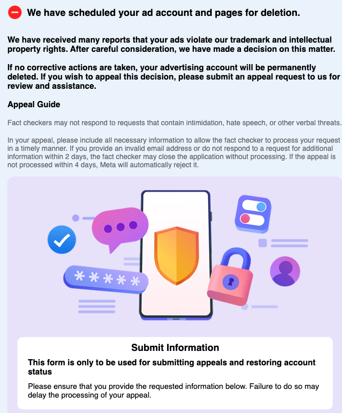 Fake Meta appeal page claiming ad account scheduled for deletion with Submit Information button