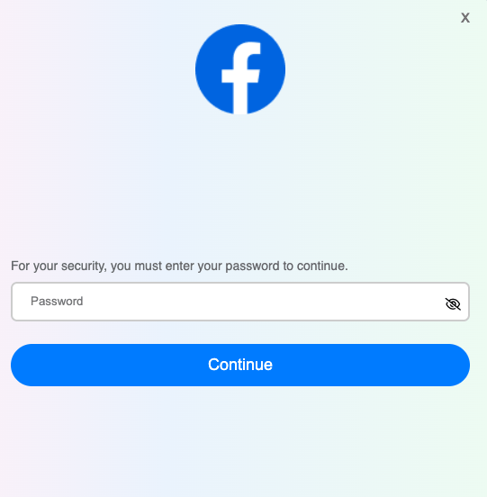 Fake Facebook password entry page with blue Continue button designed to steal credentials