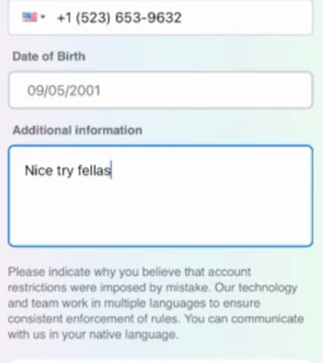 Bottom of filled phishing form showing phone number, date of birth, and additional information field with Nice try fellas