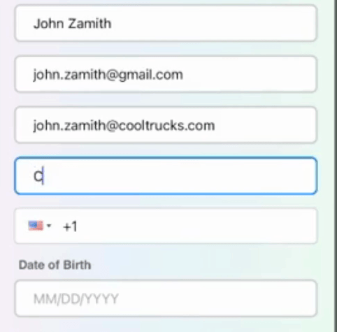 Phishing form filled with test data showing name John Zamith and fake email addresses