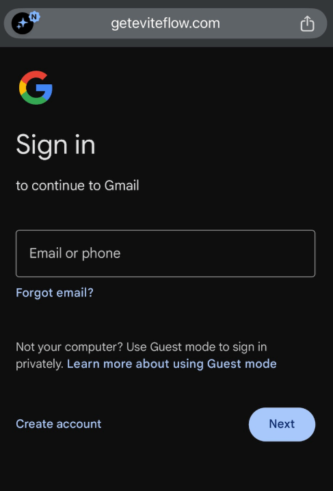 Fake Google sign-in page hosted on geteviteflow.com asking for an email address