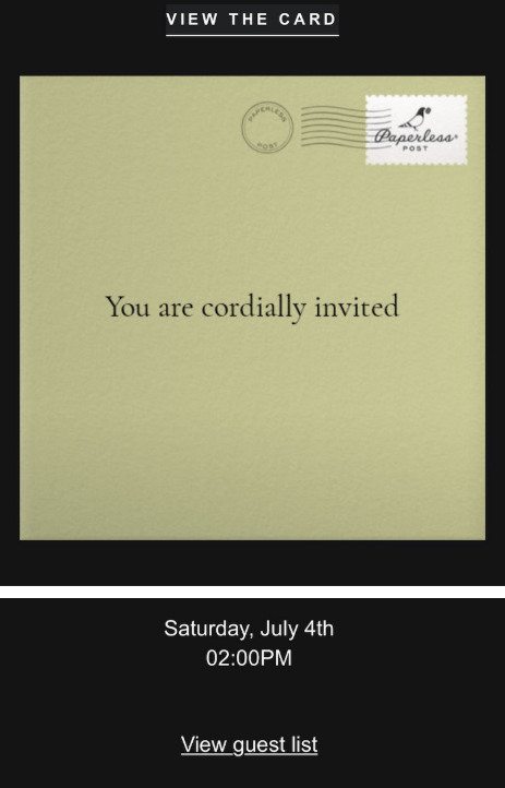 Paperless Post invitation card preview showing “You are cordially invited” and a July 4th date