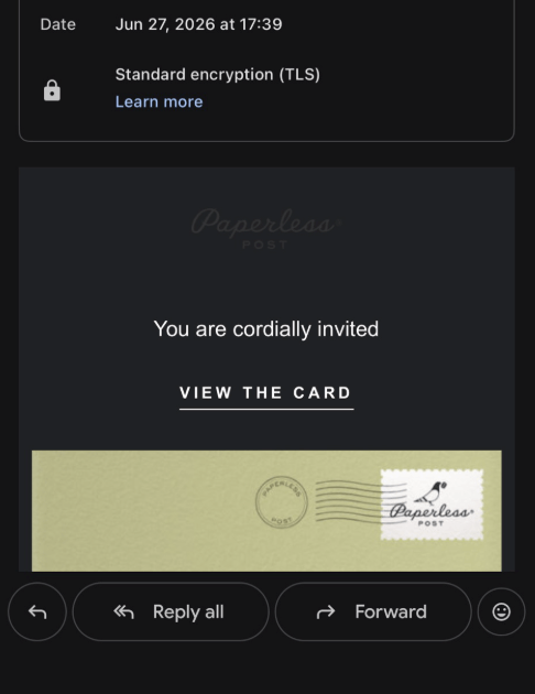 Phishing email styled as a Paperless Post invitation with a “View the Card” button