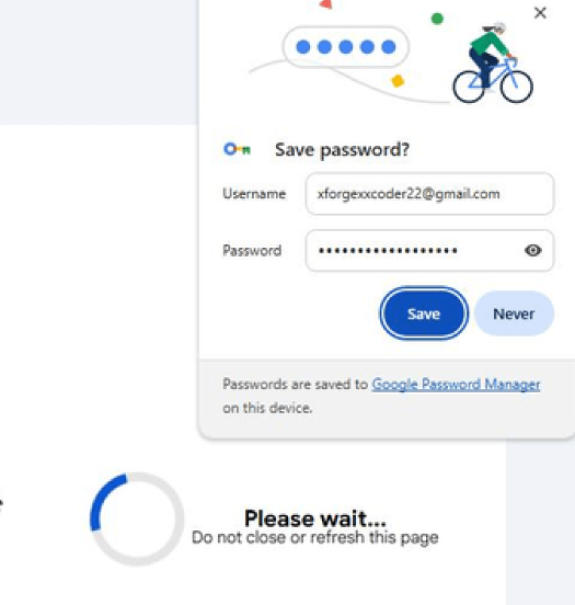 Browser “Save Password” prompt showing the attacker’s Gmail address pre-filled