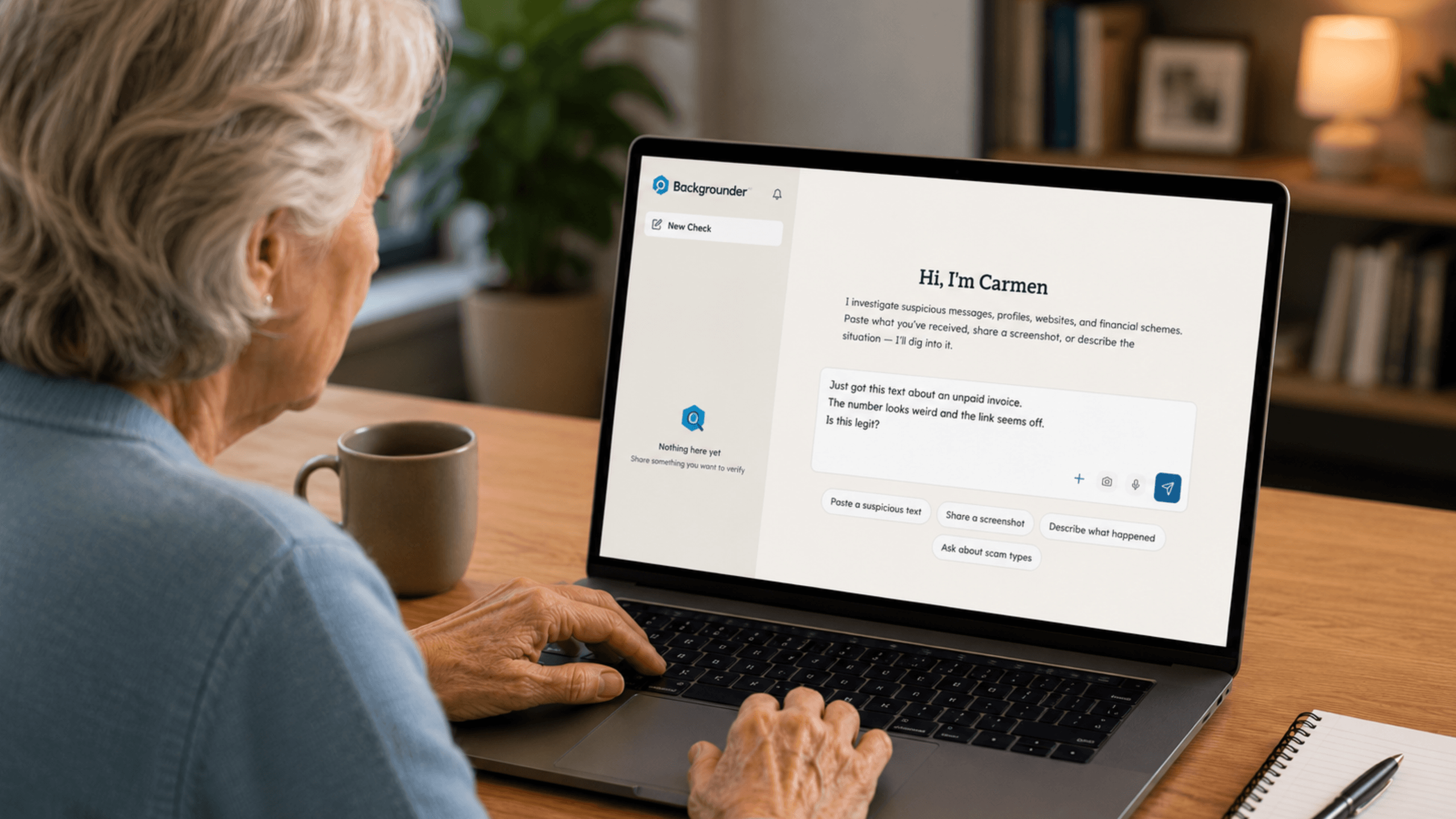 Customer support specialist helping an older customer review a suspicious text message
