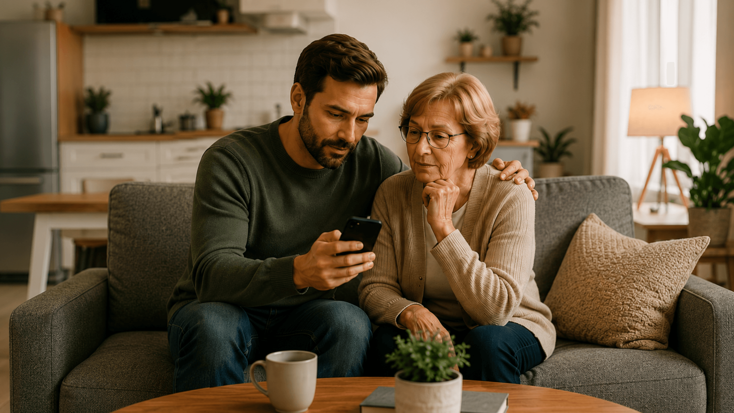 Employee helping a parent review a suspicious phone message at home
