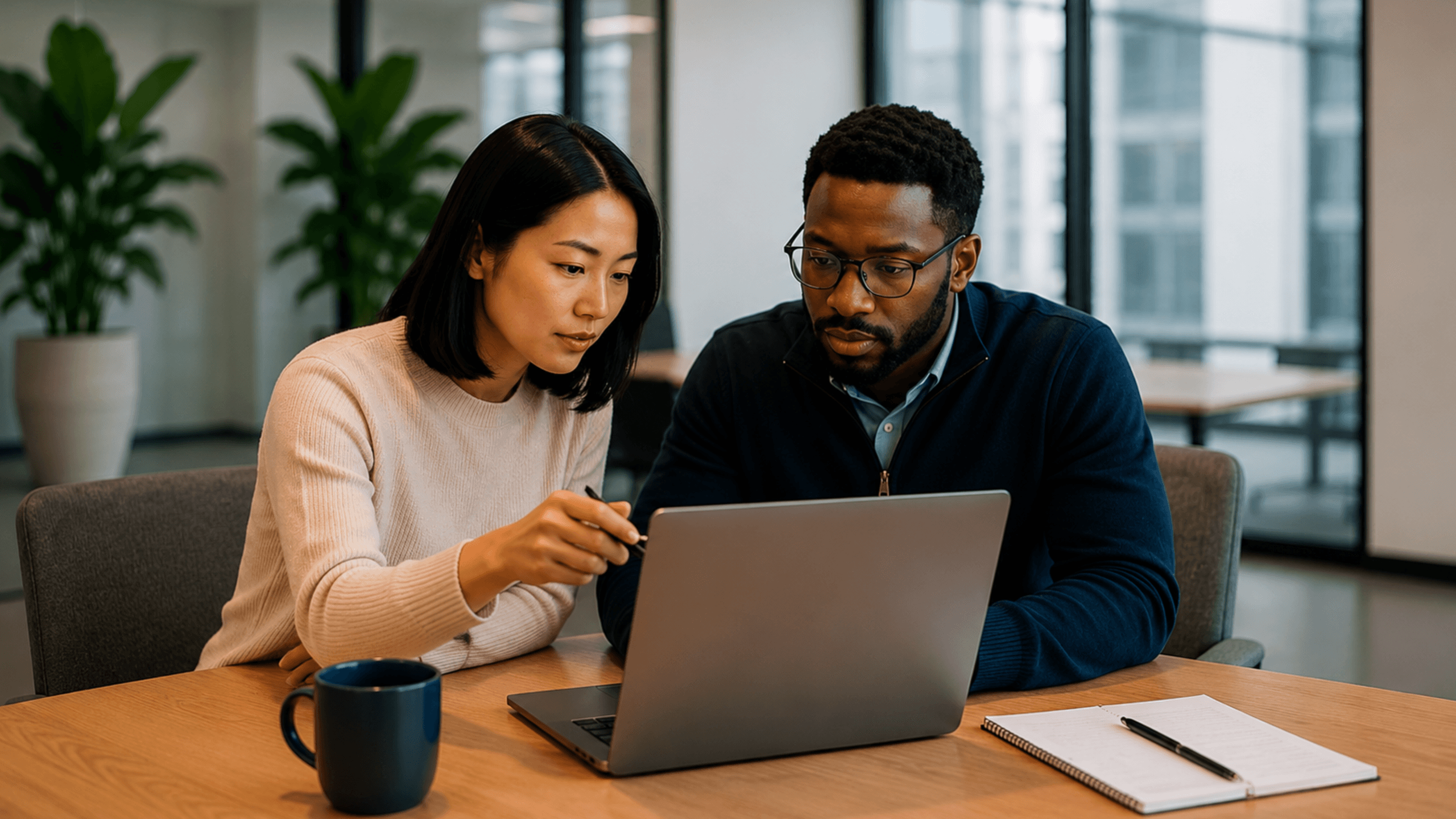 Finance employee and operations lead reviewing a suspicious vendor invoice