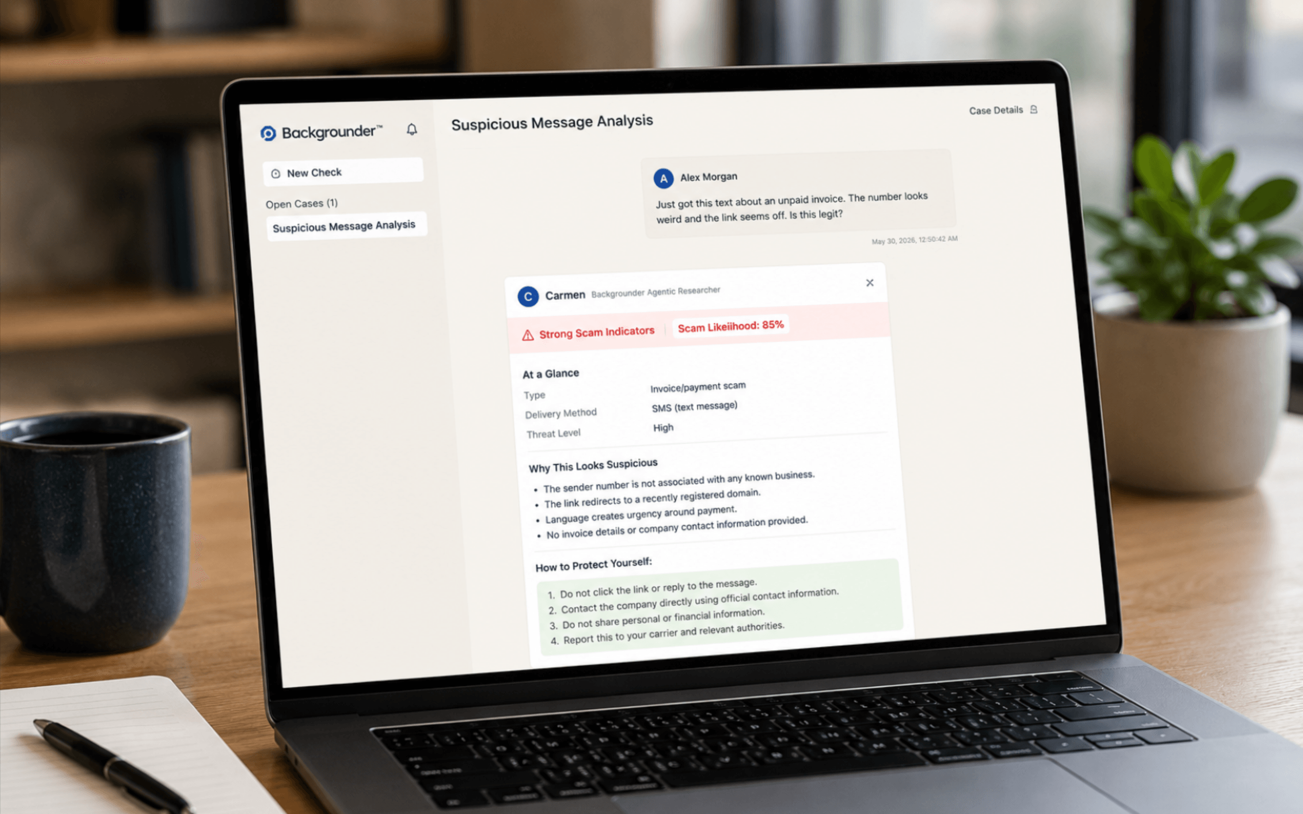 Small business owner reviewing a clear scam-risk report with a team member