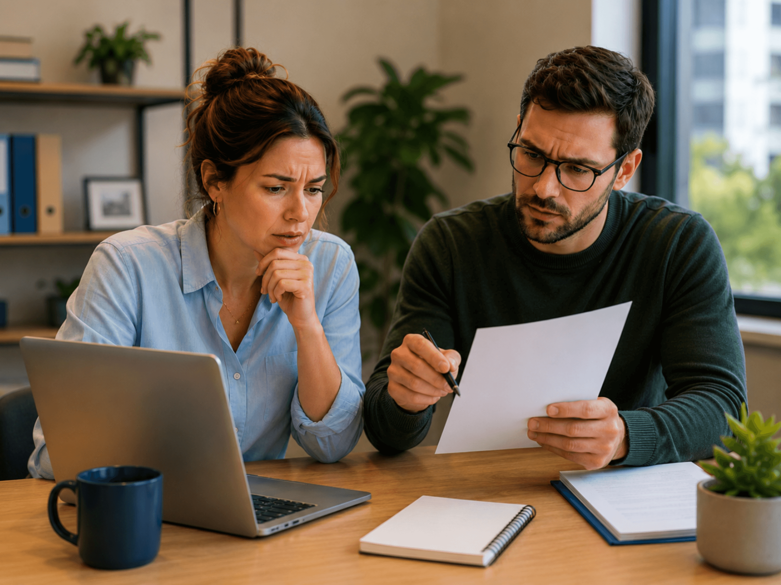 Small business owner and team member reviewing a suspicious invoice and text message