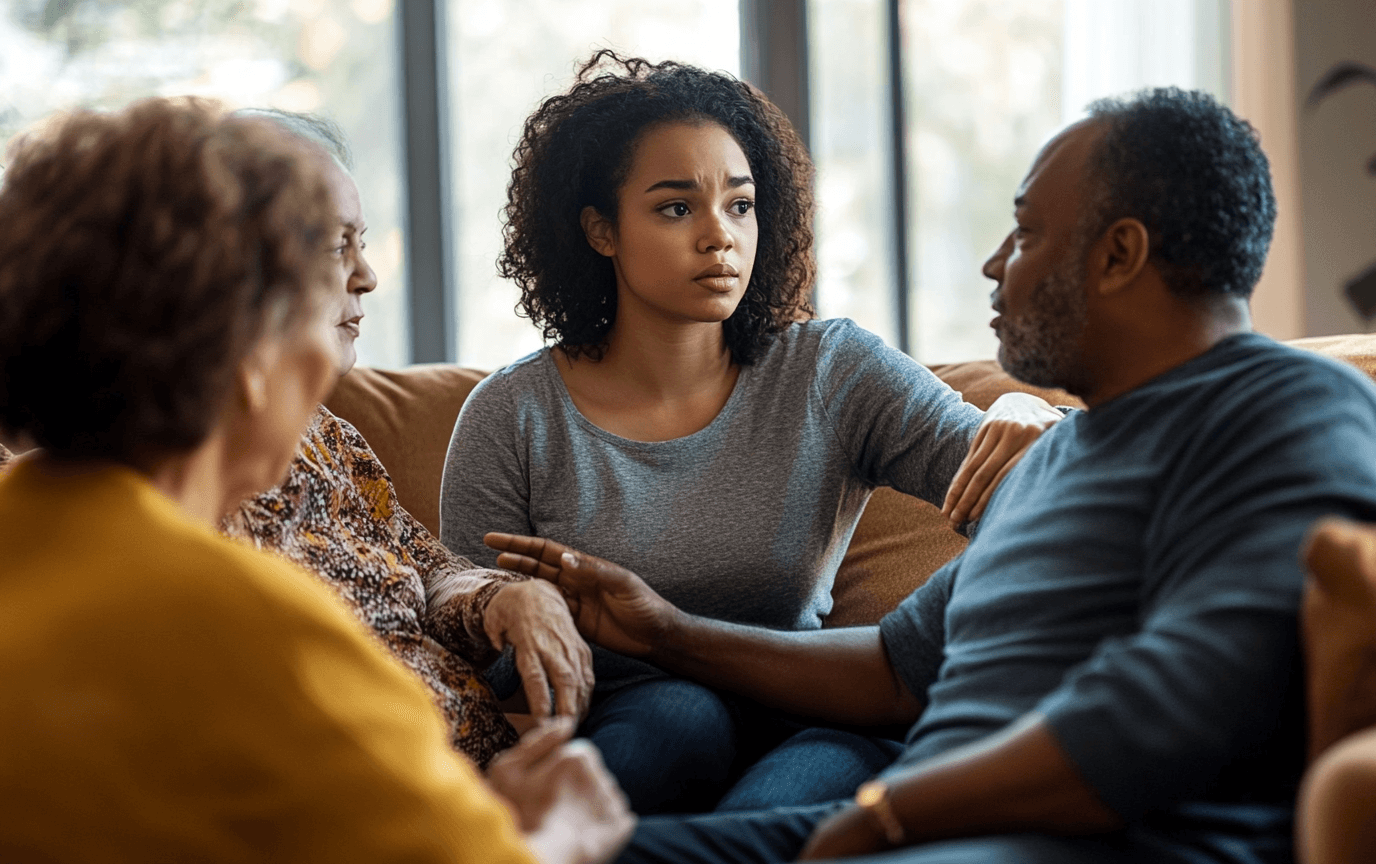 An adult daughter helping her parents work through a suspicious situation together