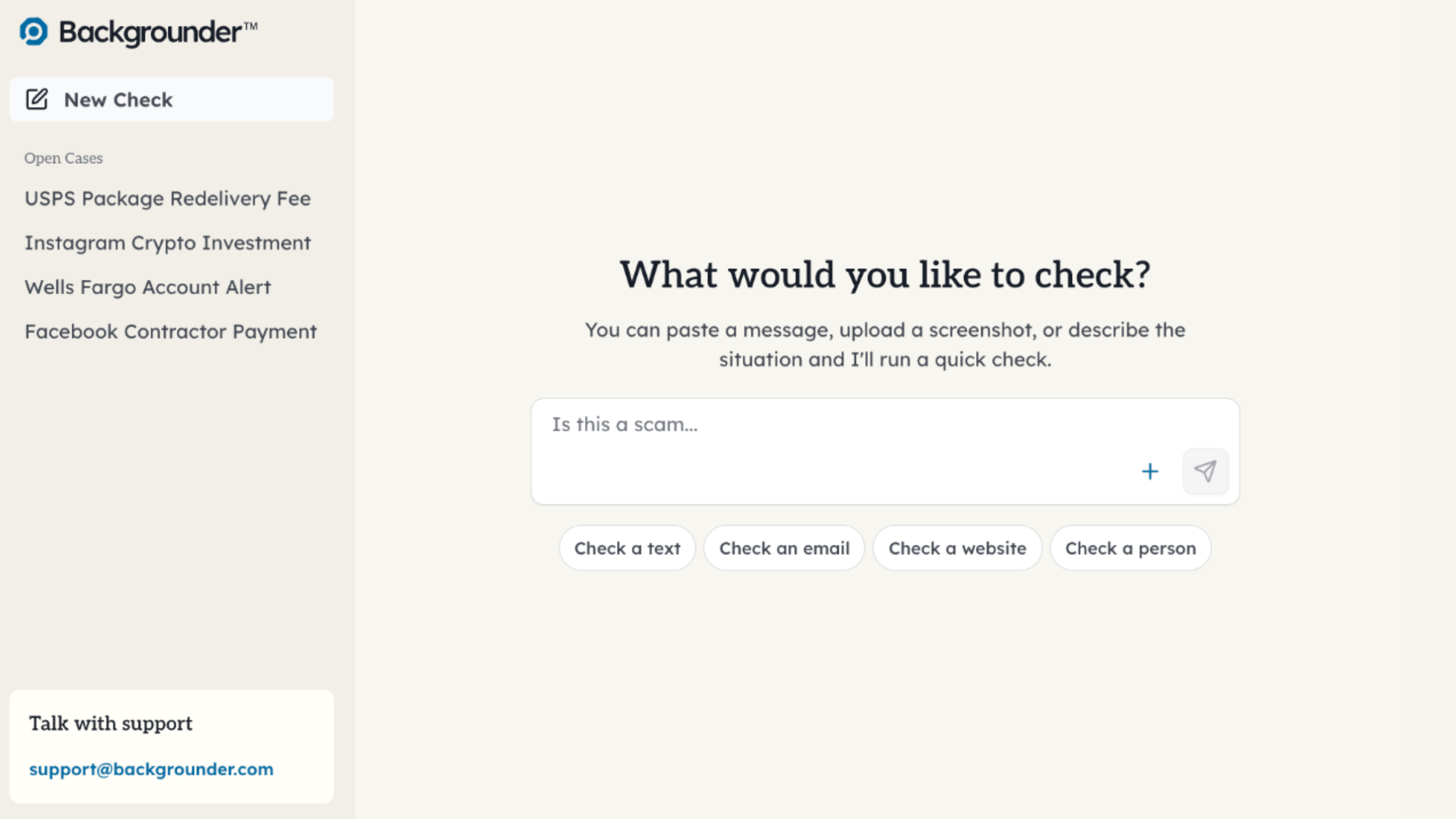 Portal showing open cases and quick checks