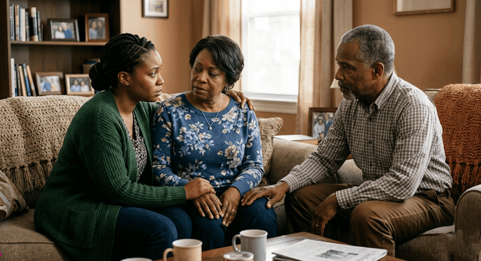 A young woman having a supportive conversation with her parents